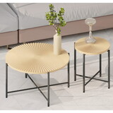 Radial Pattern 2-Piece Coffee and End Table Set - Waterproof MDF with PVC Cover, Distressed Cylindrical Design, Black Metal Legs - Classic Rustic Charm, Technical Wood