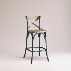 Antique Turquoise Finish Metal Frame Vintage Style Bar Chair 1pc Wooden Seat Dining Furniture