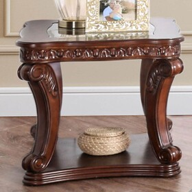 Dark Oak Finish Traditional Style End Table Ornate Carved Details 5mm Glass on Top Supported with Solid Wood and Cabriole Legs Coffee Table--Not Included B2741P357336