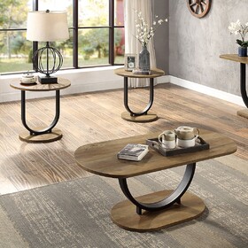 Industrial Style 3pc Coffee Table Rustic Oak and Sand Black Finish U-Shape Base Steel 1x Oval Coffee Table 2x Round End Table Replicated Wood Top B2741P360157
