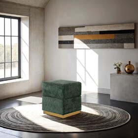 Contemporary Style Cube Design Accent Storage Compartment Stool Gold Plated Base Stainless Steel Green Finish Primary Living room