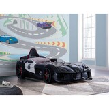 Modern Novelty Style Twin Size Police Car Bed Two Magnetic Doors LED on Wheels and Bottom Race Car Design Upholstery Headboard Black and White Finish
