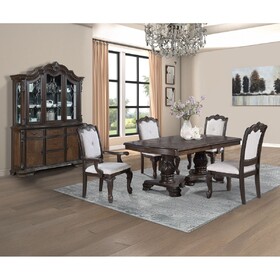 Formal 5pc Rectangular Dining Table 18" Extendable Leaf Side Chair Arm Chair Rich Dark Coffee Brown Finish Intricately Carved Double Pedestal Base Solid Wood Dining Set B2741S00513