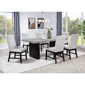 7pc Dining Set Weathered Gray Rectangular Table Dark-finished Base Upholstered Chair Wooden Dining Room Furniture B2741S00526