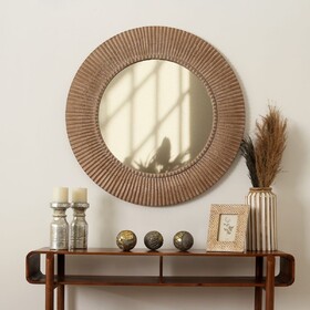 Rustic Farmhouse Style Handcarved Wooden Decorative Hanging Wall Mirror-36" B346P353984