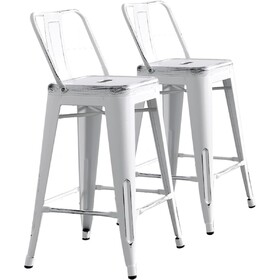 Modern Light Weight Industrial Contemporary Rustic Vintage Costal Metal Barstools with Bucket Back and 4 Leg Design, Seat Bar Stools (Set of 2) (24" Seat, Distressed White) B347P348828