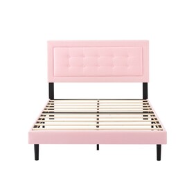 Full Size Upholstered Platform Bed Frame with Wood Slats Support, Pink