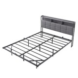 Upholstered Queen Bed Frame with LED Lights, Charging Ports & Storage Headboard, Sturdy Metal Platform Bed