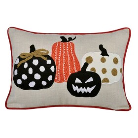 Halloween Pumpkin Embroidered Throw Pillow - Spooky Polka Dot Linen Cushion B357P360653