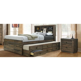 Farmhouse Style Full Size Bookcase Captain Bed with Three Drawers and Trundle, Rustic Brown P-BS200105AAD