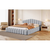 Velvet Upholstered Queen Bed Frame Shell-Shaped Headboard for Bedroom,No Box Spring Needed,Light Blue