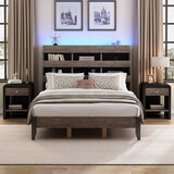 3 Pieces Bedroom Sets Mid Century Style Queen Bed Frame with Bookshelf and LED Lights and USB Port and Two Nightstands, Walnut and Black