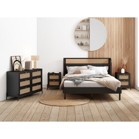 4 Pieces Modern Cannage Rattan Platform Queen Bed + Nightstand*2+ Dresser, Black
