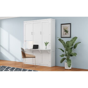 Full Size Murphy Bed,61.5-inch Cabinet Bed Folding Wall Bed with Desk Combo Perfect for Guest Room, Study, Office, White