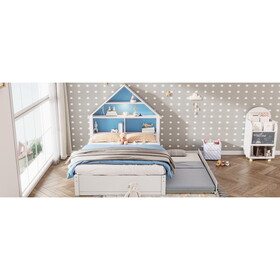 Full Size House-Shaped Bed with Bookcase Headboard and LED Light and Twin Size Trundle for Kids Boys Girls, Blue+ White