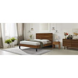 Mid-Century Modern Solid Wood Bed Frame King Size Platform Bed with Six-Piece Headboard Design, No Box Spring Needed, Brown P-BS531013AAD