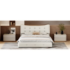 Modern PU Upholstered Queen Bed with Ergonomic Wingback Headboard, No Box Spring Needed, Cream