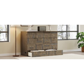 Farmhouse Style Queen Size Cabinet Murphy Bed with Charging Station and Large Storage Drawer, Geometric Veneer Foldable Murphy Bed for Home Office, Living Room, Brown BS701P215529D