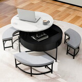 Modern Round Lift-Top Coffee Table with Storage & 3 Ottoman White & Black CH307202AAB