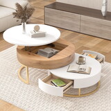 Modern Round Lift-top Nesting Coffee Tables with 2 Drawers White & Natural