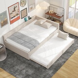 Full Size Upholstered Platform Bed with USB and Twin Size Trundle, Beige DL000558AAA
