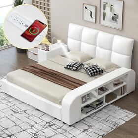 Queen Size Upholstered Platform Bed with Multimedia Nightstand and Storage Shelves, White DL000568AAE