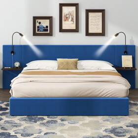 Queen Size Storage Upholstered Hydraulic Platform Bed with 2 Shelves, 2 Lights and USB, Blue DL000572AAA