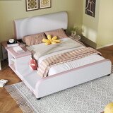 Full Size Upholstered Platform Bed with Storage Nightstand and Guardrail, Pink P-DL000579AAE