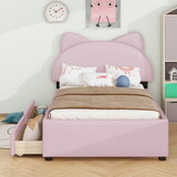 Twin Size Upholstered Platform Bed with Cartoon Ears Shaped Headboard and 2 Drawers, Pink DL000590AAH