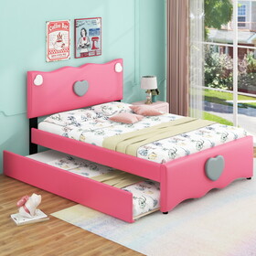 Full Size Upholstered Platform Bed with Trundle and Heart Shaped Decoration, Dark Pink