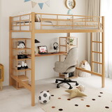 Full Size Metal Loft Bed with Built-in Desk and Shelves, Gold+Brown P-DL000648AAB
