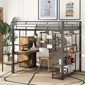 Full Size Metal Loft Bed with Storage Staircase and Small Wardrobe, Built-in Desk and Storage Shelves, Black DL000650AAB