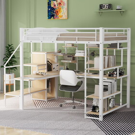 Full Size Metal Loft Bed with Storage Staircase and Small Wardrobe, Built-in Desk and Storage Shelves, White DL000650AAK