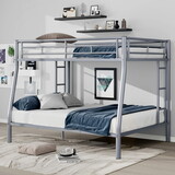 Full XL over Queen Metal Bunk Bed with Ladder and Guardrails, Silver