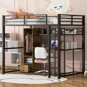 Full Size Metal Loft Bed with Built-in Wardrobe, Drawer, Desk and Shelves, Black DL001129AAB