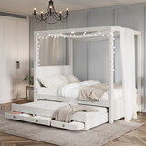 Full Size Upholstery Canopy Platform Bed with Trundle and Three Storage Drawers, Beige P-DL001916AAA