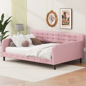 Full Size Upholstered Tufted Daybed with 4 Support Legs, Pink