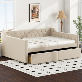 Full Size Upholstered Tufted Daybed with 2 Drawers, Beige