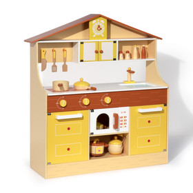 Wooden Pretend Play Kitchen Set for Kids Toddlers, Toys Gifts for Boys and Girls, Yellow EL-WCF01
