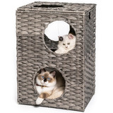 Rattan Cat Litter, Cat Bed with Rattan Ball and Cushion, Grey El-Wp014