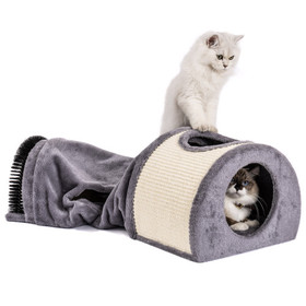 Cat Tunnel Bed Cat House Sisal Scratching Bed with Self Groomer Massager Plush Balls Collapsible for Indoor Cats EL-WP017