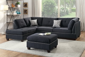 3-pcs Sectional Sofa Black Polyfiber Cushion Sofa Chaise Ottoman Reversible Couch Pillows F6974-Id-Ahd