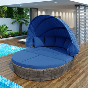 GO Outdoor rattan daybed sunbed with Retractable Canopy Wicker Furniture, Round Outdoor Sectional Sofa Set, Gray Wicker Furniture Clamshell Seating with Washable Cushions, Backyard, Porch, Blue