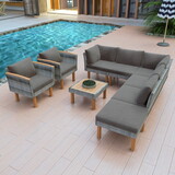 GO 9-Piece Patio Rattan Furniture Set, Outdoor Conversation Set with Acacia Wood Legs and Tabletop, PE Rattan Sectional Sofa Set with Coffee Table, Washable Cushion, Gray FF201208AAE