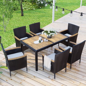 7-Piece Outdoor Patio Dining Set, Garden PE Rattan Wicker Dining Table and Chairs Set, Acacia Wood Tabletop, Stackable Armrest Chairs with Cushions, Brown FF201209AAD