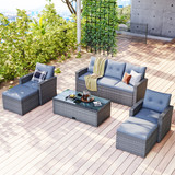 go 6-Piece All-Weather Wicker PE Rattan Patio Outdoor Dining Conversation Sectional Set with Coffee Table, Wicker Sofas, Ottomans, Removable Cushions (Dark Grey Wicker, Light Grey Cushion)