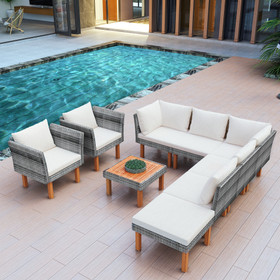 go 9-Piece Outdoor Patio Garden Wicker Sofa Set, Gray PE Rattan Sofa Set, with Wood Legs, Acacia Wood Tabletop, Armrest Chairs with Beige Cushions Fg201208Aaa