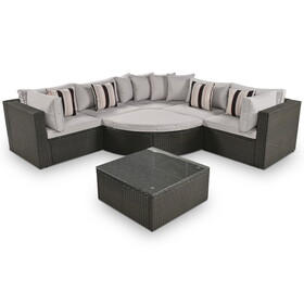 GO 7-piece Outdoor Wicker Sofa Set, Rattan Sofa Lounger, with Colorful Pillows, Conversation Sofa, for Patio, Garden, Deck, Brown Wicker, Gray Cushion