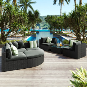 GO 7-piece Outdoor Wicker Sofa Set, Rattan Sofa Lounger, with Striped Green Pillows, Conversation Sofa, for Patio, Garden, Deck, Black Wicker, Gray Cushion FG201212AAE