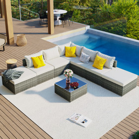 8-Pieces Outdoor Patio Furniture Sets, Garden Conversation Wicker Sofa Set, Single Sofa Combinable, Beige Cushions Gray Wicker Fg201217Aaa